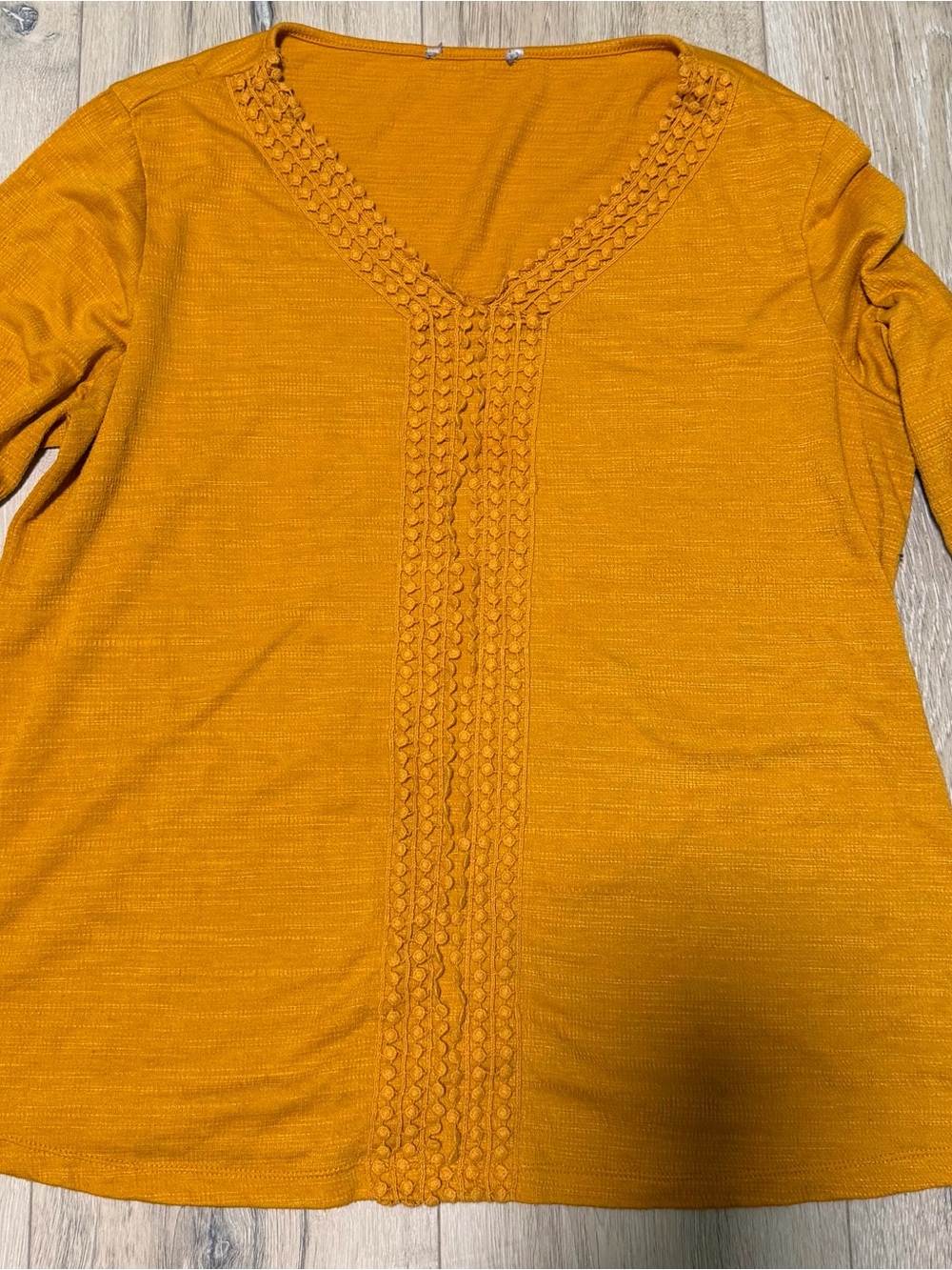 Source Unknown Mustard Crochet-Trim V-Neck Long Sleeve Top